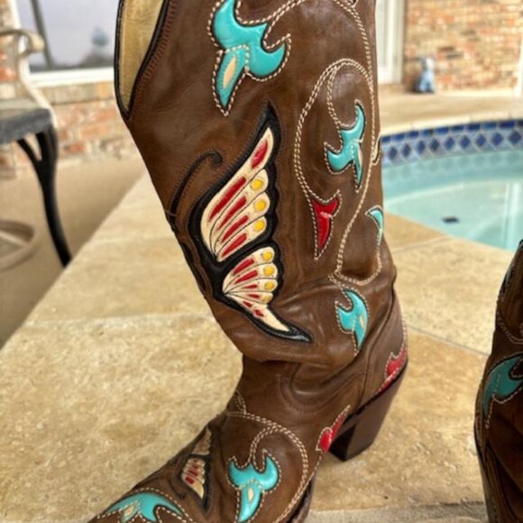 Corral vintage rare brown cowboy boots with butterfly and floral inlay 8M - Picture 12 of 12